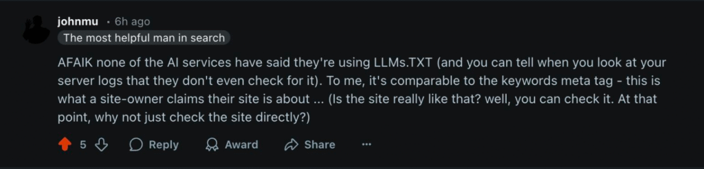 Discussion Reddit. John Mueller, search advocate chez Google, compare le fichier LLMs.txt à la balise meta keywords
